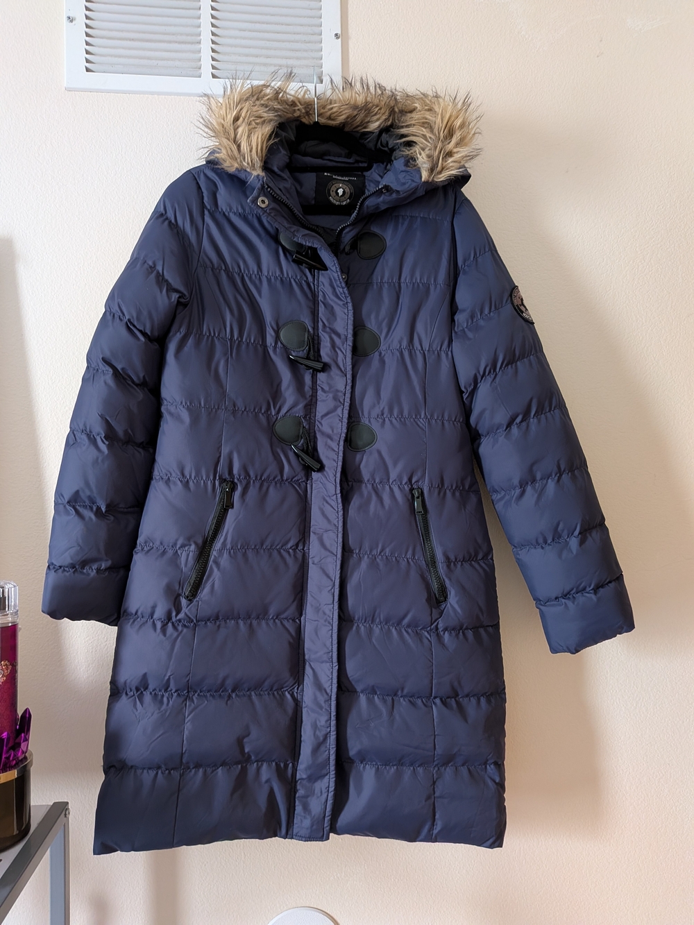 Brave Soul Outdoor Edition Navy Blue Long Puffer Coat with Faux Fur Hood - SizeM